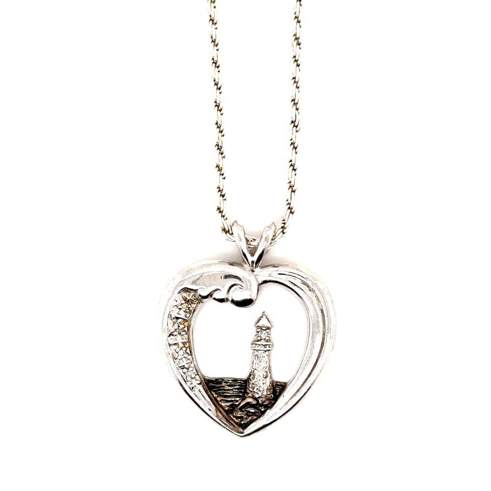Sterling Silver Lighthouse Heart Necklace Faith Beacon of Hope 24 Inch Chain